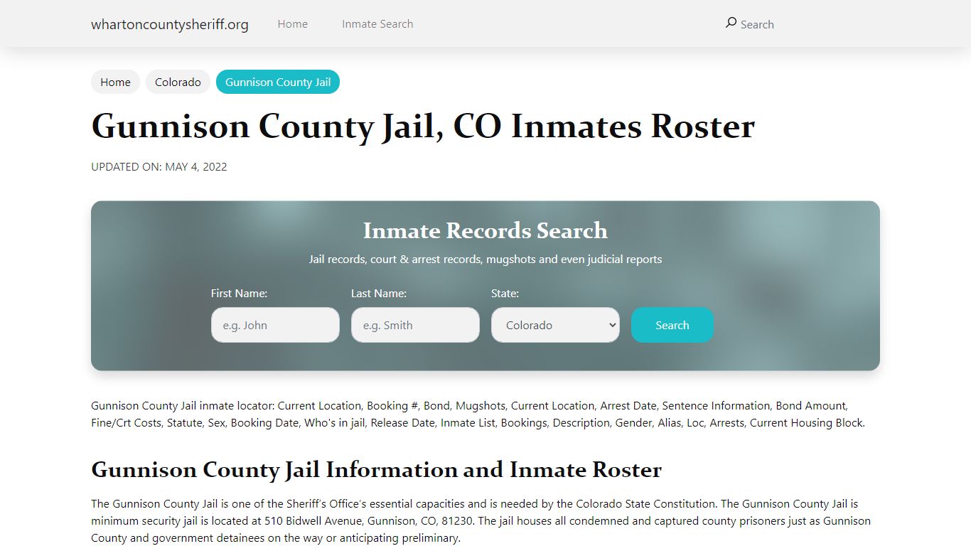 Gunnison County Jail, CO Jail Roster, Name Search